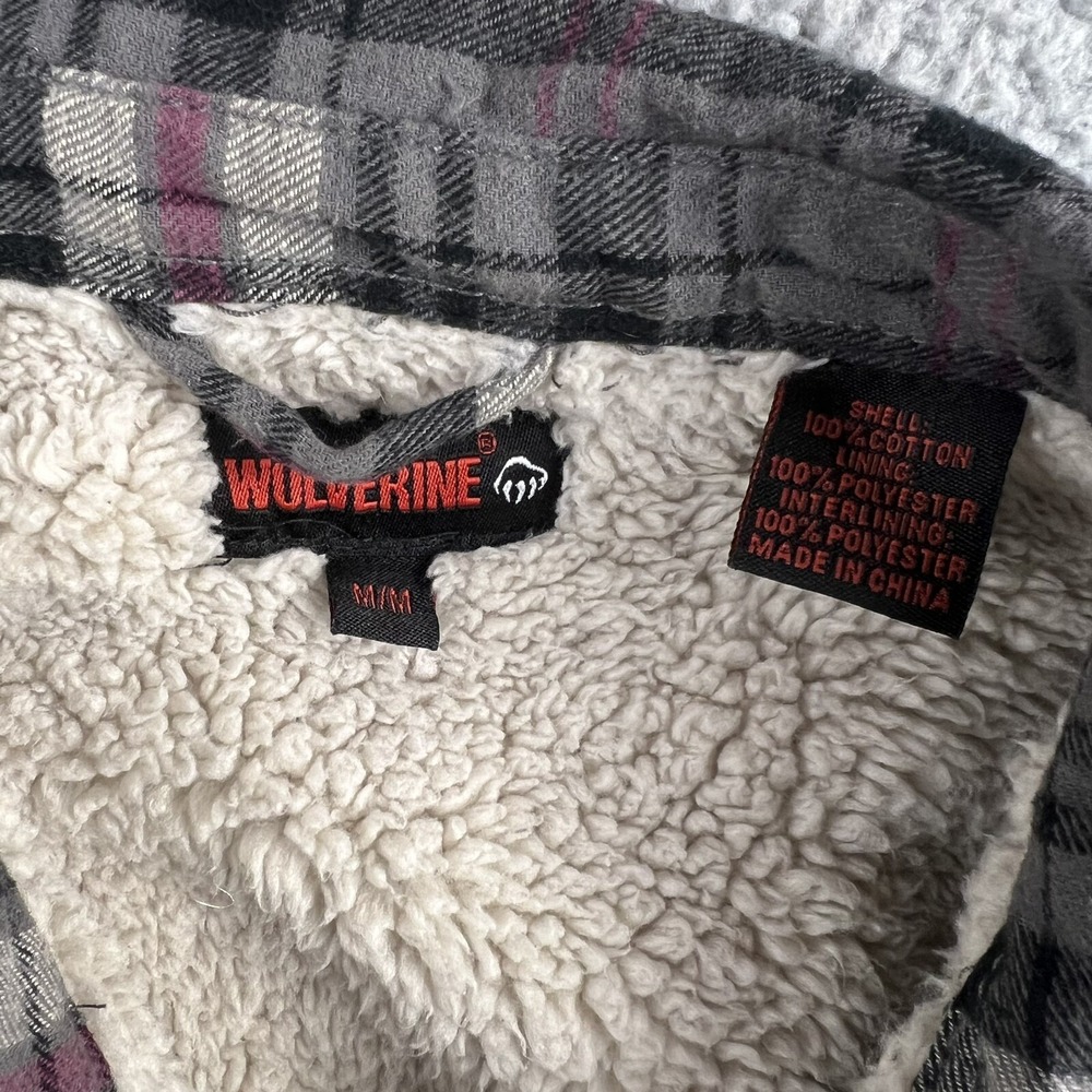 Wolverine Womens M Sherpa Lined Flannel Shirt Jacket Shacket Snap Up Grey Plaid - Picture 9 of 12